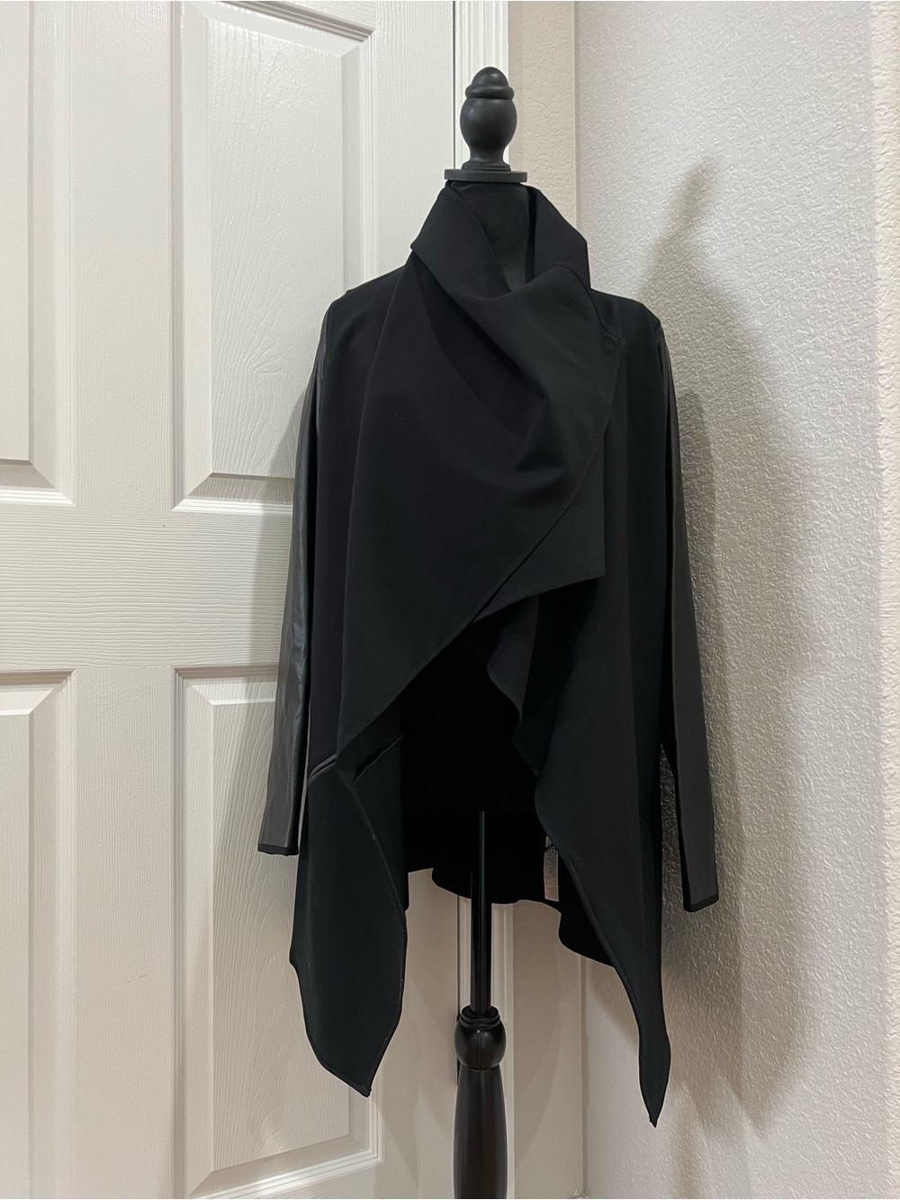 SPANX Black Draped Snap Front Jacket Faux Leather Sleeves XL NWT